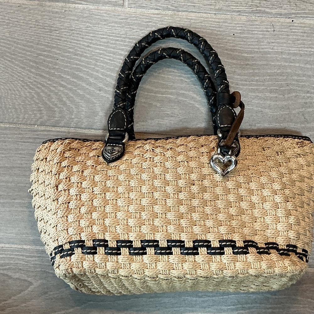 Brighton Woven Straw Tote with Black Trim and Braided Handles Vintage